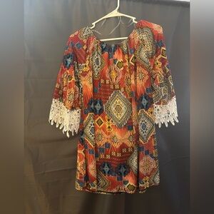 Women’s Aztec Tunic Blouse With Lace Sleeve Detail Size L-XL